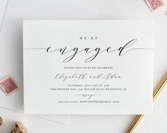 Engagement Party Invitation Printable, INSTANT DOWNLOAD, 100% Editable template, We're Engaged, Modern Calligraphy, Simple, Kraft #037-112EP