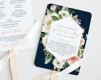 Wedding Program Template, INSTANT DOWNLOAD, Printable Order of Service, 100% Editable, DIY, Boho Navy Blush Florals, Fan or Flat #043-411WP