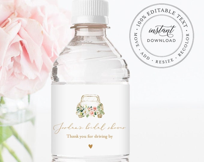 Water Bottle Label Template, Drive By Bridal Shower, Baby Shower Label, Printable Water Sticker,  Instant Download, Templett #043DB-121BL