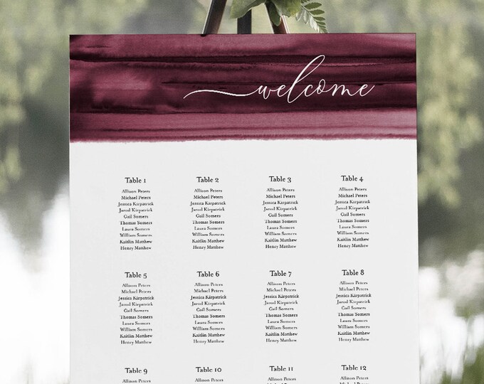 Burgundy Watercolor Seating Chart Poster, Wedding Seating Sign, Instant Download, Editable Template, Templett US & UK Sizes #093B-263SC