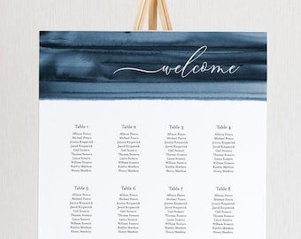 Navy Aquarell Sitzplan Poster, druckbare Hochzeit Sitzplatz Zeichen, sofortiger Download, bearbeitbare Vorlage, Templett US & UK Größen 093A-256SC