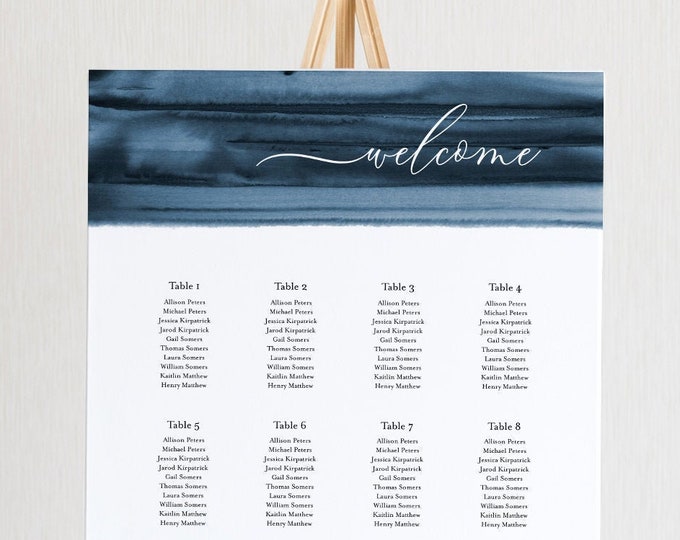 Navy Watercolor Seating Chart Poster, Printable Wedding Seating Sign, Instant Download, Editable Template, Templett US & UK Sizes 093A-256SC