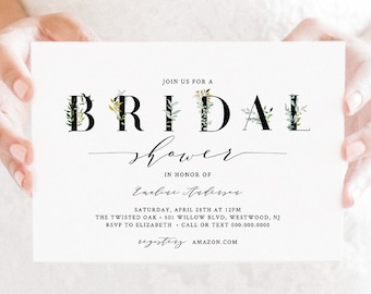Greenery Bridal Shower Invitation Template, INSTANT DOWNLOAD, Printable Bridal Shower Invite, 100% Editable Text, DIY, Templett #016-152BS