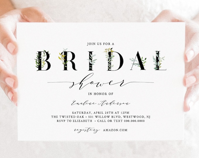 Greenery Bridal Shower Invitation Template, INSTANT DOWNLOAD, Printable Bridal Shower Invite, 100% Editable Text, DIY, Templett #016-152BS