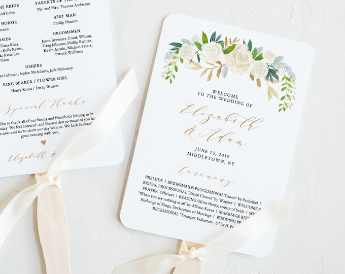 Wedding Program Printable, Fan or Flat Program, INSTANT DOWNLOAD, Order of Service Template, Editable, Neutral Greenery Florals #021-406WP