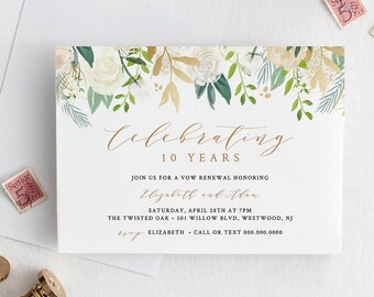 Vow Renewal Invitation Printable, Anniversary Invite Template, INSTANT DOWNLOAD, Fully Editable Template, Neutral Floral, Gold #021-110VR