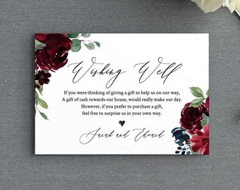 Wishing Well Card, Editable Template, Wedding Wishing Well Poem, Gift Request Insert, Boho Floral, INSTANT DOWNLOAD, Templett #062-123EC