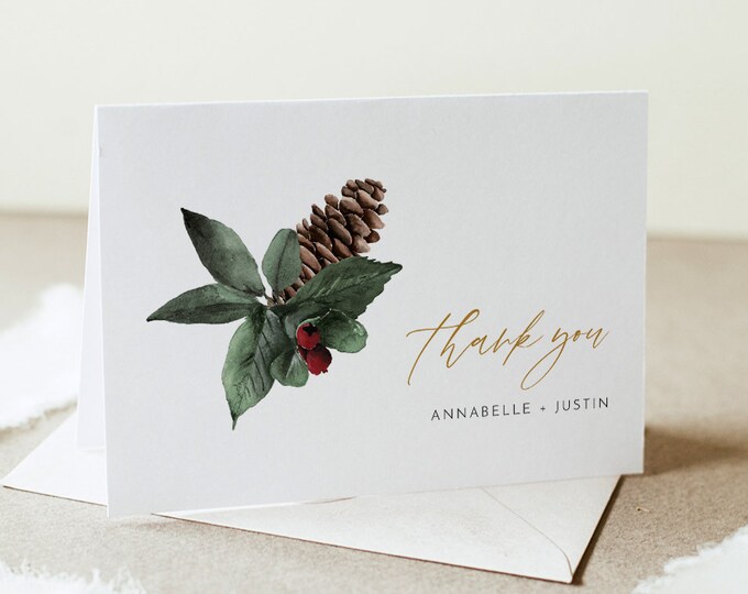 Holiday Thank You Card, Winter Wedding, Christmas Thank You Note, Flat or Folded, Editable Template, Instant Download, Templett #0018-176TYC