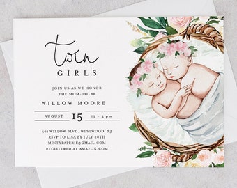Twins Baby Shower Invitation Template, Printable Twin Girls Baby Shower Invite, 100% Editable Text, Instant Download, Templett #0005-177BA