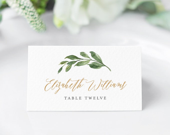 Greenery Place Card Template, Printable Wedding Escort / Seating Card, Name Card, INSTANT DOWNLOAD, 100% Editable Text, Templett #067-124PC