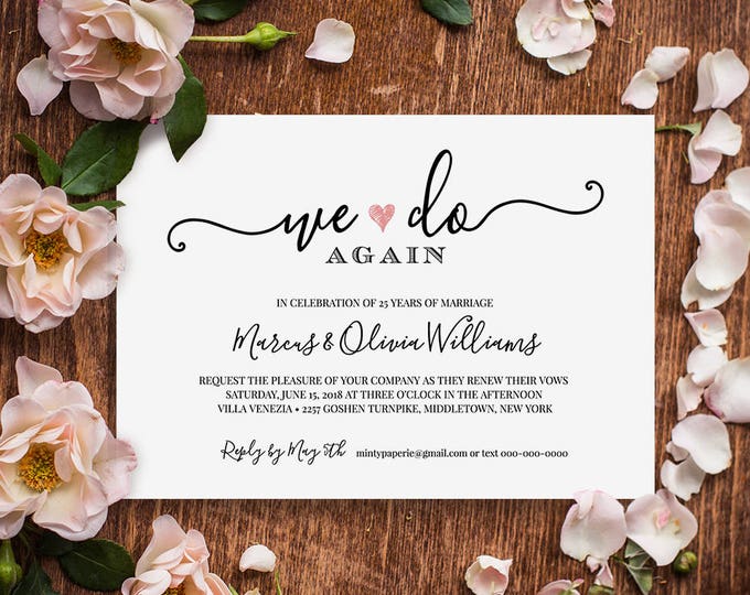 Vow Renewal Invitation Template, Wedding Anniversary, Printable Invite, Calligraphy, We Do Again, Editable, Instant Download #030-203VR