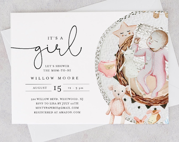 It's a Girl Baby Shower Invitation Template, Girl Baby Shower Invite, 100% Editable Text, Printable, Instant Download, Templett #0005-180BA