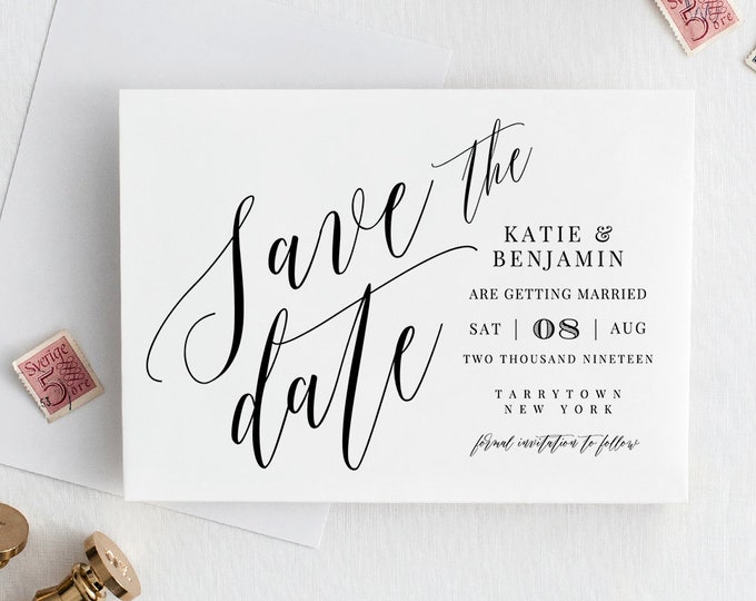 Save the Date Template, Printable Wedding Date Postcard, INSTANT DOWNLOAD, 100% Editable, Modern Calligraphy, Templett #038-111SD