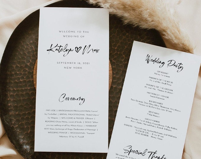 Modern Script Wedding Program Template, Minimalist Order of Service, Editable, Printable Program, Instant Download, Templett #090-261WP