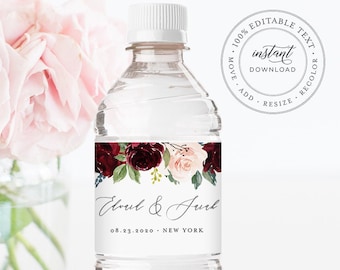 Water Bottle Label Template, Boho Merlot Floral Wedding Water Bottle Label, Hotel Welcome Bag, Instant Download, Editable Text #062-111BL