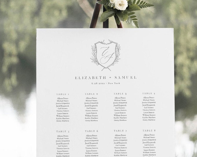 Wedding Crest Seating Chart Template, Monogram Wedding Seating Sign, Minimalist, Instant Download, 100% Editable Text, Templett #0007-275SC