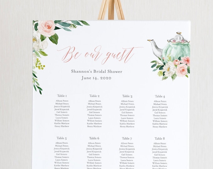 Tea Wedding Seating Chart Template, Printable Tea Party Bridal Shower Seating Sign, Instant Download, Editable Text, Templett #085-249SC