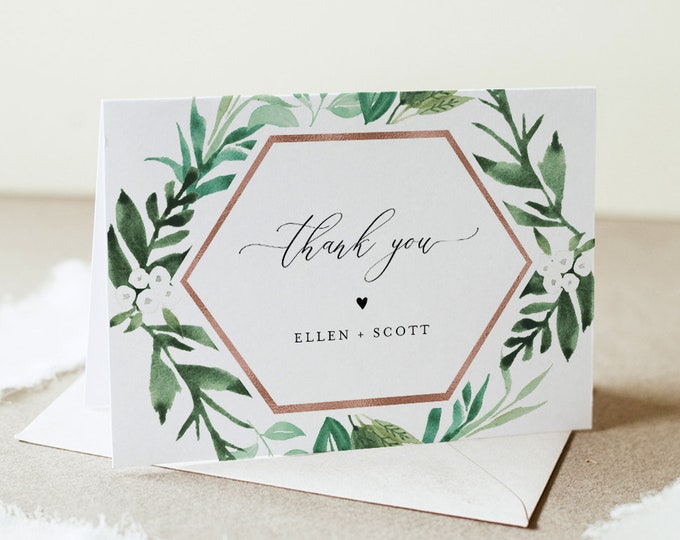 Thank You Card, Greenery Wedding / Bridal Shower / Baby Shower, Editable Template, Instant Download, Flat & Tent, Templett #080A-171TYC