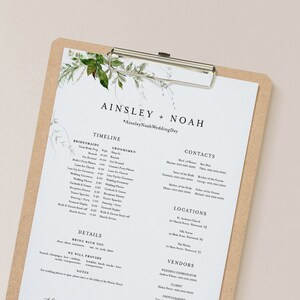 Bridal Party Timeline, Modern Greenery Wedding Itinerary, Order of Events, Details for Bridesmaid & Groomsmen, Templett #0011-109BPT