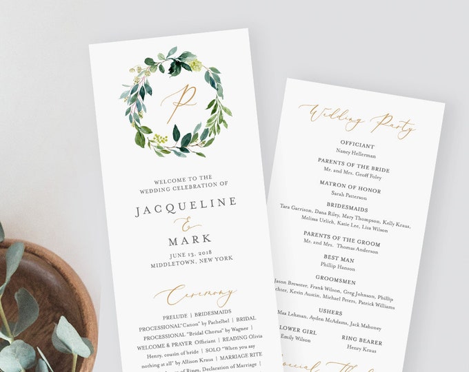 Wedding Program Template, Winter Greenery, Printable Order of Service, Instant Download, Editable Text, Flat Card, Templett, DIY #044-211WP