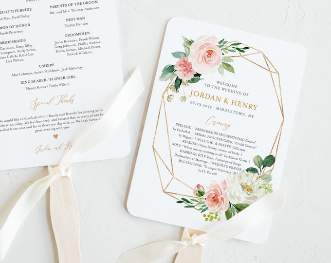 Fan Wedding Program Template, INSTANT DOWNLOAD, Printable Order of Service, 100% Editable, DIY, Boho Blush Florals, Fan or Flat #043-409WP