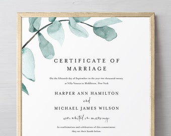 Eucalyptus Certificate of Marriage, Greenery Wedding Certificate, Wedding Keepsake, Editable Text, Instant Download, 8x10, 16x20 #049-102MC
