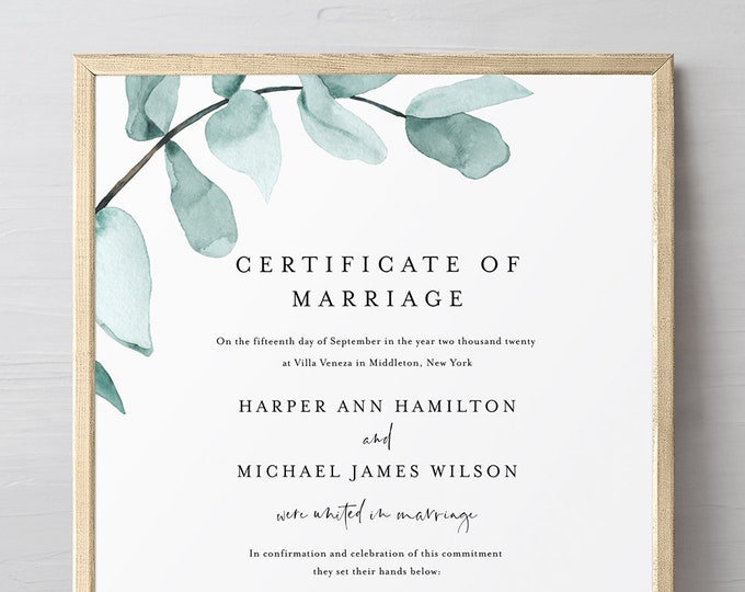 Eucalyptus Certificate of Marriage, Greenery Wedding Certificate, Wedding Keepsake, Editable Text, Instant Download, 8x10, 16x20 #049-102MC