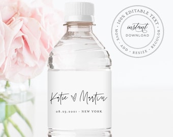 Water Bottle Label Template, Minimalist Wedding Water Sticker, Printable, 100% Editable, Welcome Bag, Instant Download, Templett #0009-113BL