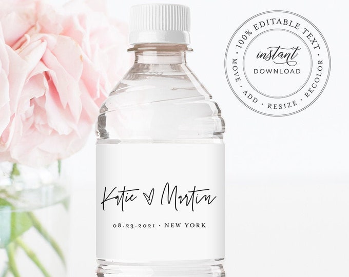 Water Bottle Label Template, Minimalist Wedding Water Sticker, Printable, 100% Editable, Welcome Bag, Instant Download, Templett #0009-113BL