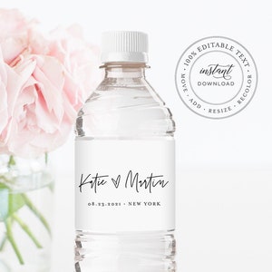Water Bottle Label Template, Minimalist Wedding Water Sticker, Printable, 100% Editable, Welcome Bag, Instant Download, Templett #0009-113BL