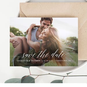 Photo Save the Date, Printable Wedding Save the Date Card, 100% Editable Template, Modern Calligraphy, Instant Download, Templett 034-203SD image 1