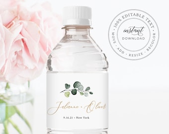 Greenery Water Bottle Label Template, Wedding Water Sticker, Printable, 100% Editable, Welcome Bag, Instant Download, Templett #007-119BL