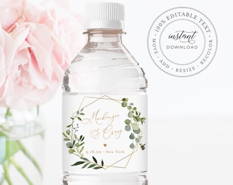Water Bottle Label Template, Greenery Wedding Water Sticker, Printable, 100% Editable, Welcome Bag, Instant Download, Templett #056-116BL