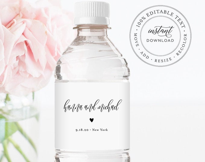 Water Bottle Label Template, Minimalist Wedding Water Bottle Favor Sticker, Printable, 100% Editable, Instant Download, Templett #008-115BL