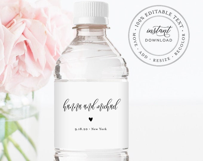 Water Bottle Label Template, Minimalist Wedding Water Bottle Favor Sticker, Printable, 100% Editable, Instant Download, Templett #008-115BL