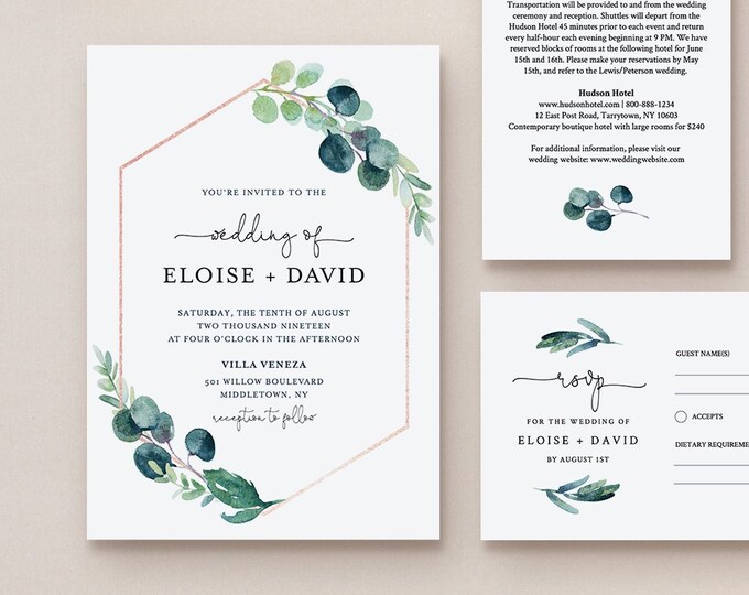 Greenery Wedding Invitation Set Template, Watercolor Eucalyptus Invite, RSVP & Details, INSTANT DOWNLOAD, 100% Editable Text, Templett #068B