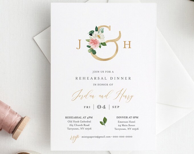 Rehearsal Dinner Template, INSTANT DOWNLOAD, Printable Rehearsal Invite, Editable Text, Self-Editing, Templett, Floral Ampersand #043-130RD