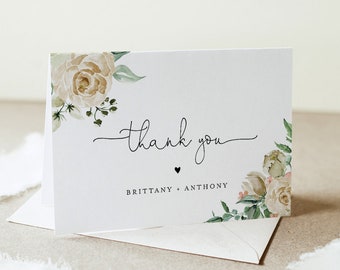Cream Rose Thank You Folded Card Printable, Boho Wedding / Bridal Shower Note, Editable Template, INSTANT DOWNLOAD, Templett #057-185TYC