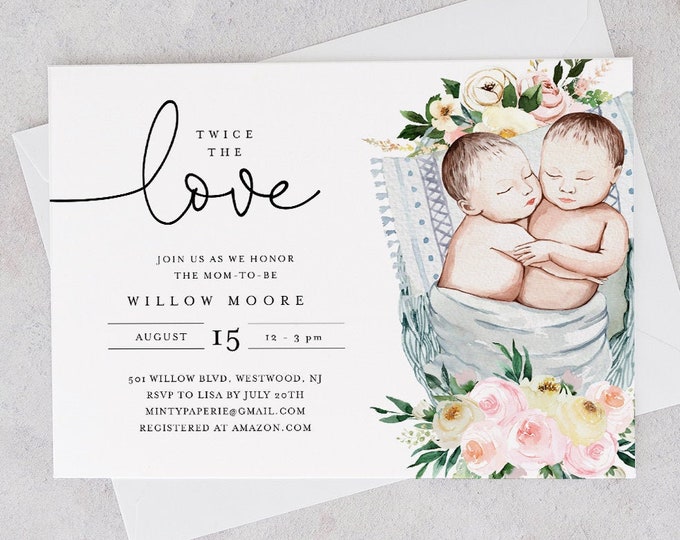 Twins Baby Shower Invitation Template, Gender Neutral Twin Babies, Girl or Boy Twins, Twice the Love, Instant Download, Templett #0005-176BA