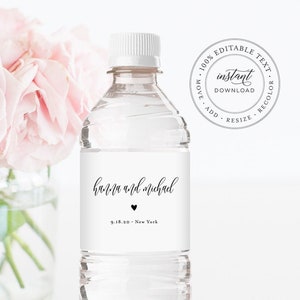 Water Bottle Label Template, Minimalist Wedding Water Bottle Favor Sticker, Printable, 100% Editable, Instant Download, Templett #008-115BL