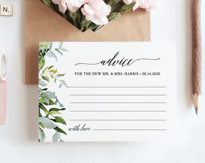 Wedding Advice Card Template, Well Wishes for Bride and Groom, Newlywed, Instant Download, Editable, Greenery, DIY, Templett #016-107EC