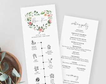 Wedding Program & Timeline Template, Printable Order of Service, Wedding Day Events / Agenda, Instant Download, 100% Editable Text 058-215WP