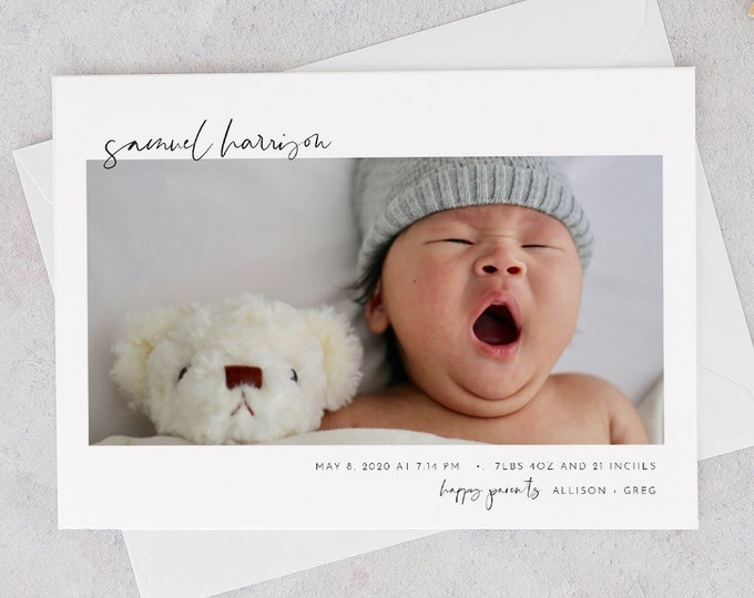 Minimal Birth Announcement, Photo Baby Announcement Card, Newborn, 100% Editable Template, Printable, Instant Download, Templett #096-107BAC