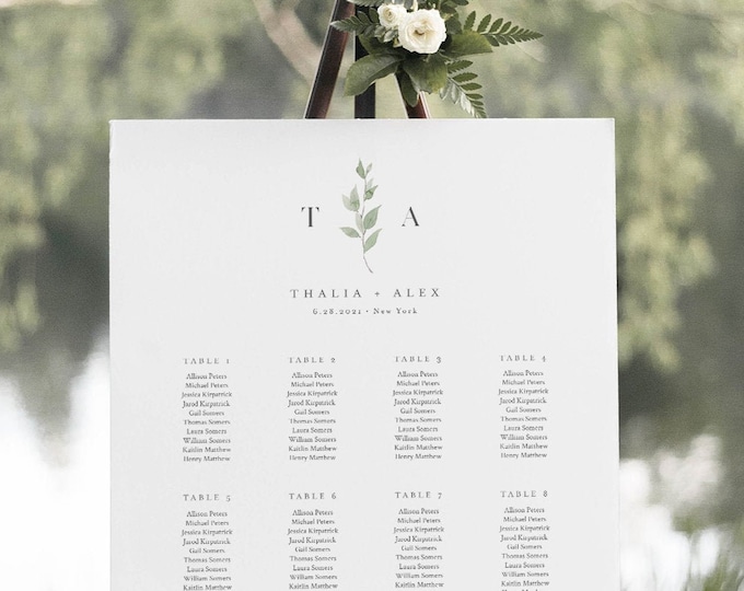 Delicate Greenery Seating Chart Template, Monogram Wedding Seating Sign, Instant Download, 100% Editable Text, Templett #0004B-271SC