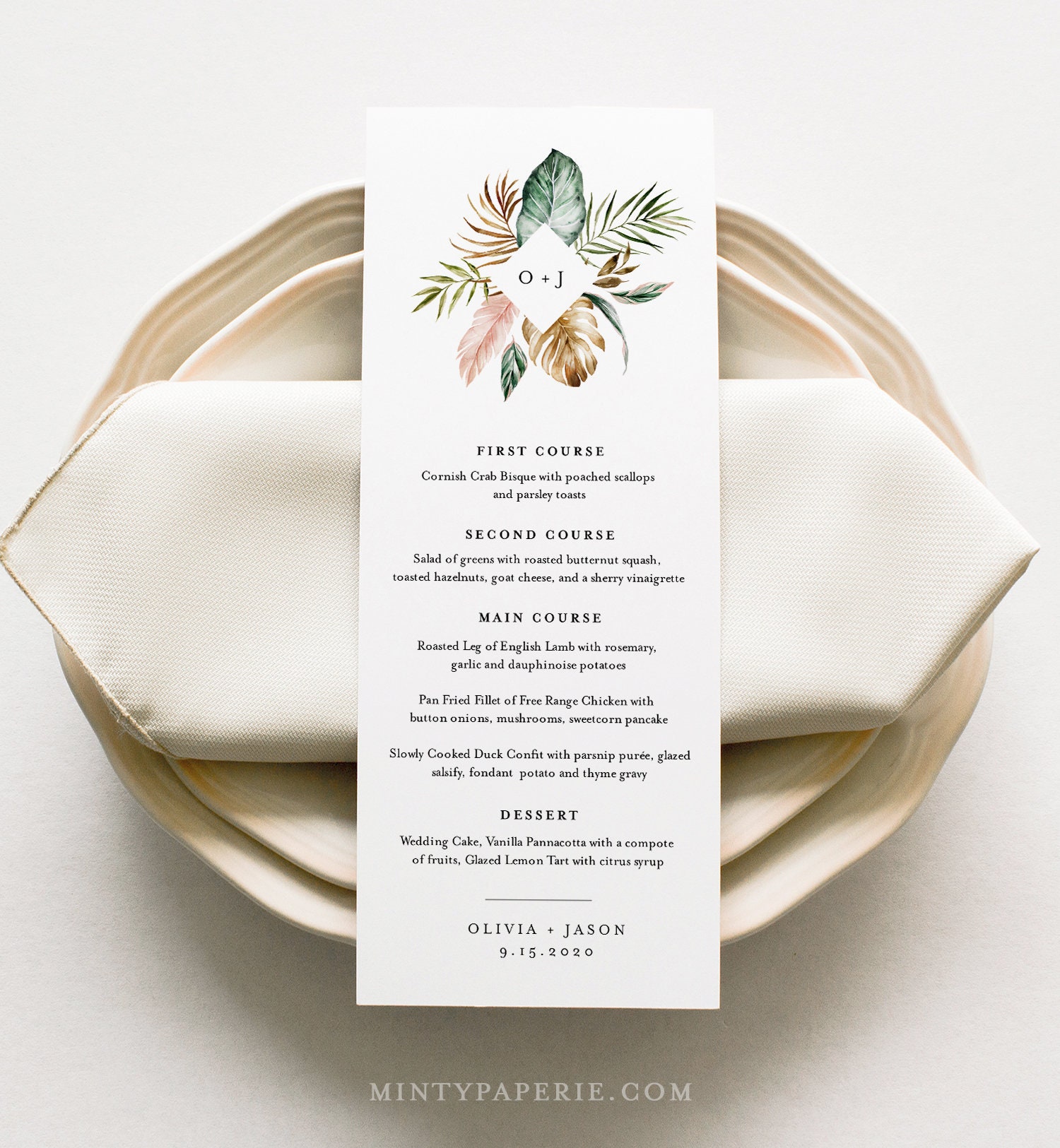 Tropical Wedding Menu Template INSTANT DOWNLOAD Printable Dinner Menu 