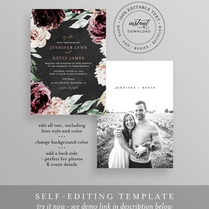 Moody Florals Wedding Invitation Suite Template, 100% Editable Text, Romantic Purple Boho, Invite, RSVP & Detail, INSTANT DOWNLOAD 074A image 3