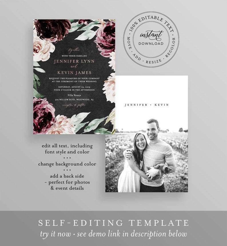 Moody Florals Wedding Invitation Suite Template, 100% Editable Text, Romantic Purple Boho, Invite, RSVP & Detail, INSTANT DOWNLOAD 074A image 3