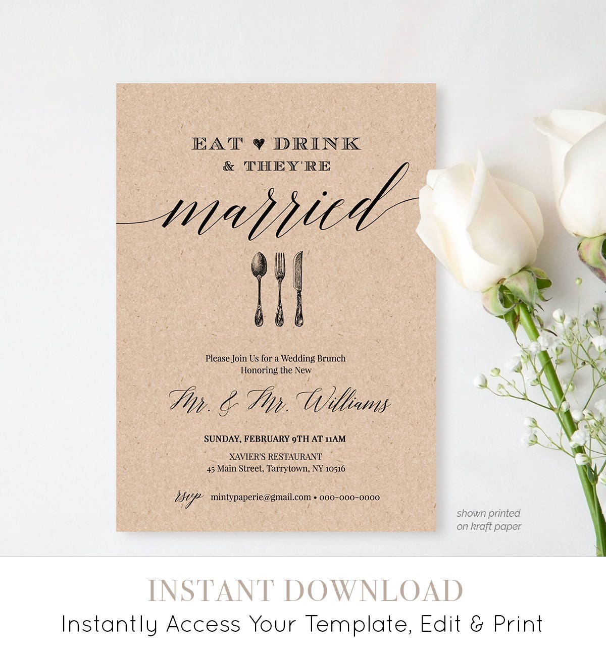 Post Wedding Brunch Invitation Template, Printable Brunch Invite, Eat Drink Married, Instant
