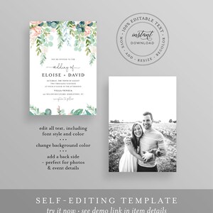 May include: Editable wedding invitation template with a watercolor floral design and a photo of a couple in a field. The text on the invitation says "You're invited to the wedding of Eloise + David".