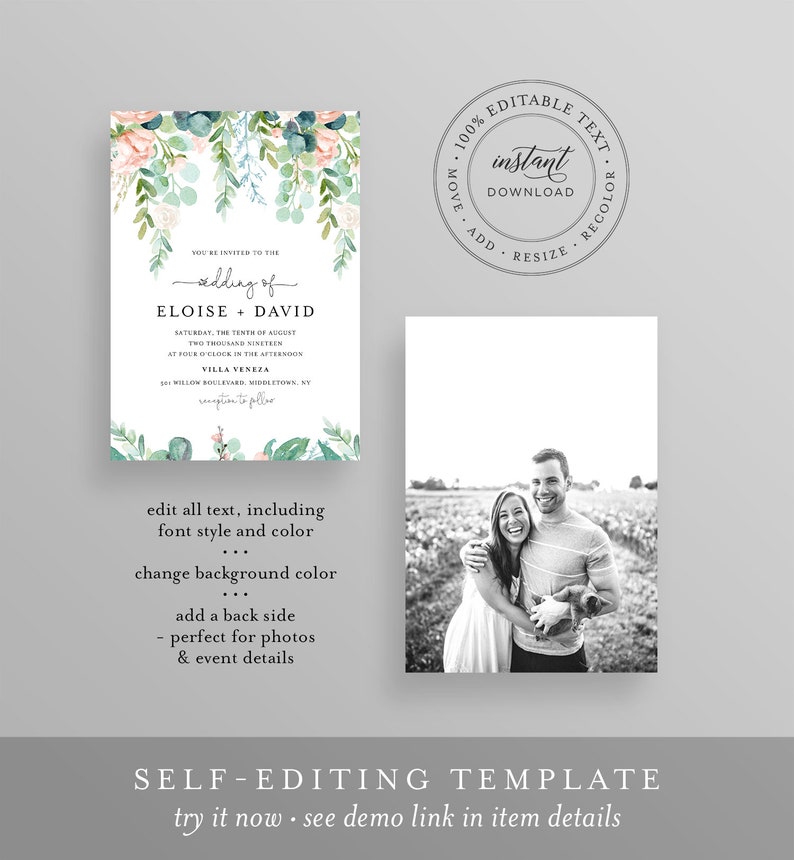 May include: Editable wedding invitation template with a watercolor floral design and a photo of a couple in a field. The text on the invitation says "You're invited to the wedding of Eloise + David".